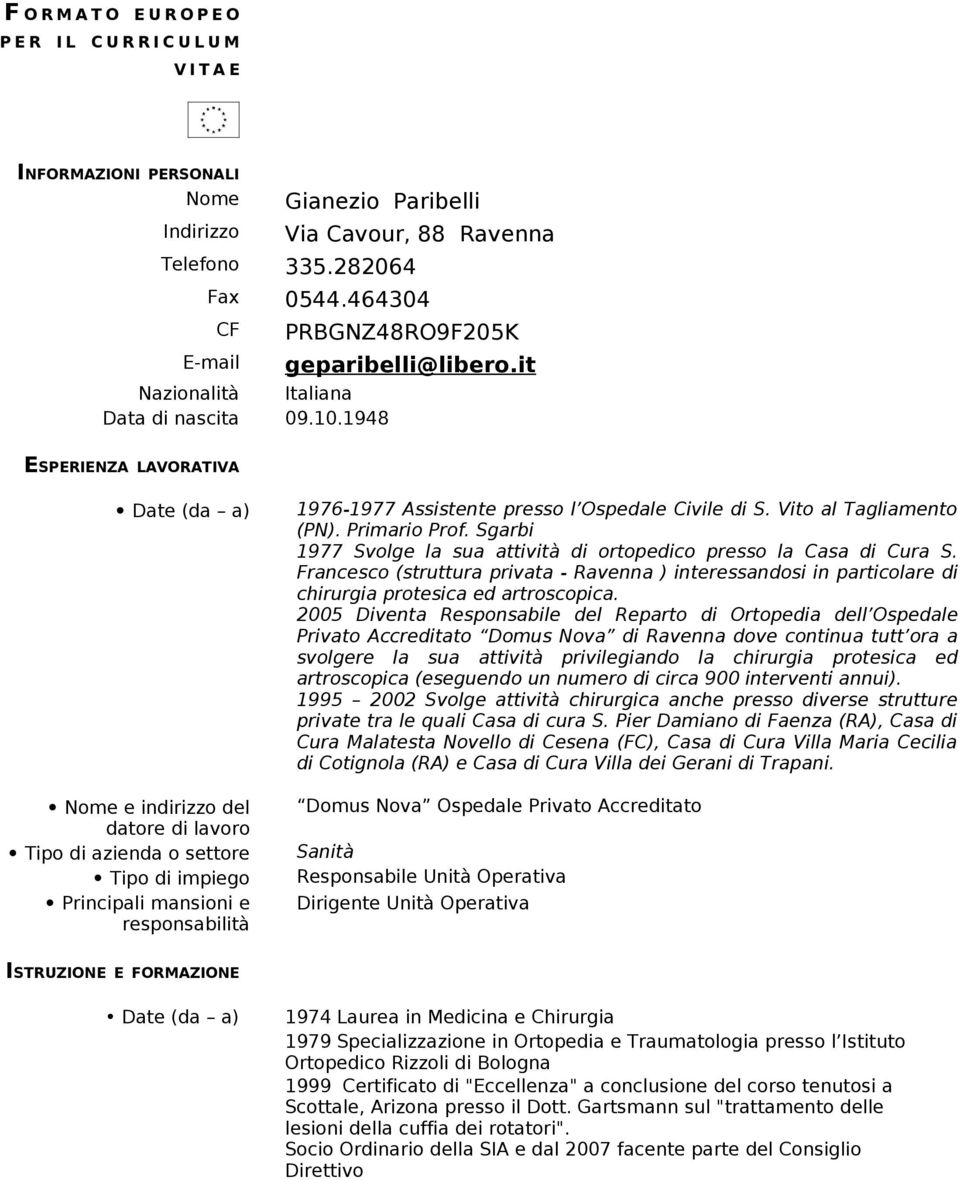 1948 ESPERIENZA LAVORATIVA Date (da a) Nme e indirizz del datre di lavr Tip di azienda settre Tip di impieg Principali mansini e respnsabilità 1976-1977 Assistente press l Ospedale Civile di S.