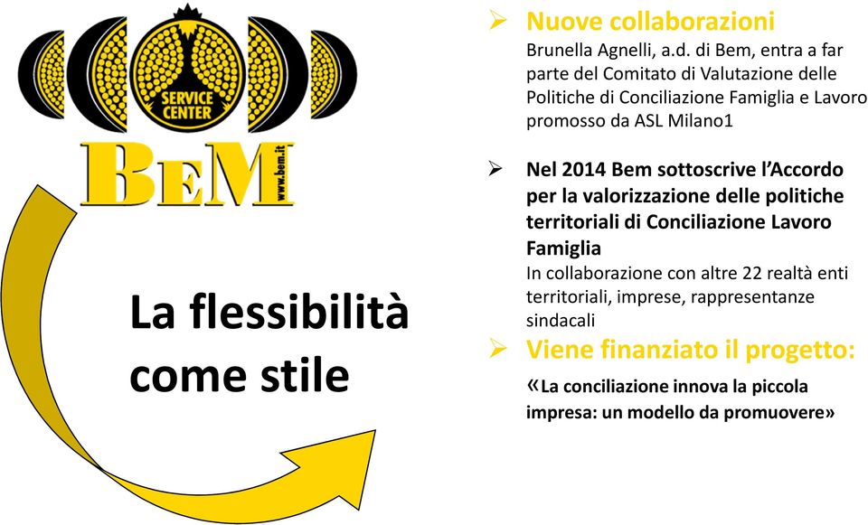 Milano1 La flessibilità come stile Nel 2014 Bemsottoscrive l Accordo per la valorizzazione delle politiche territoriali di