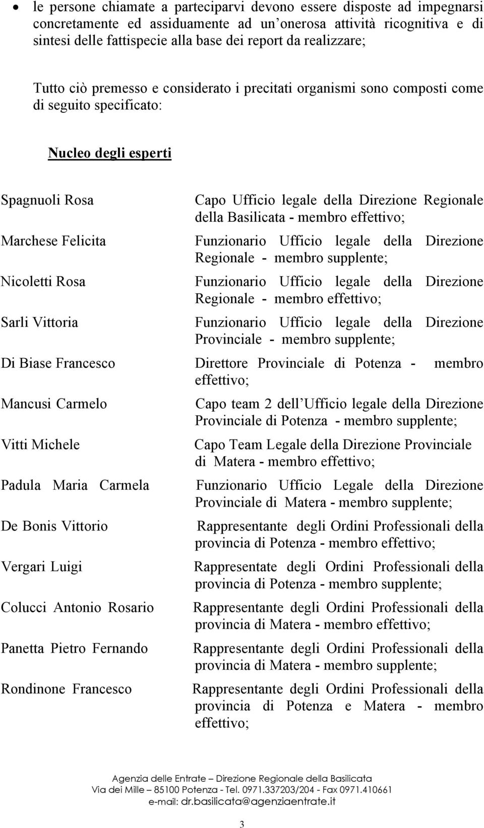 Ufficio legale della Direzione Regionale della Basilicata - membro Funzionario Ufficio legale della Direzione Regionale - membro supplente; Funzionario Ufficio legale della Direzione Regionale -