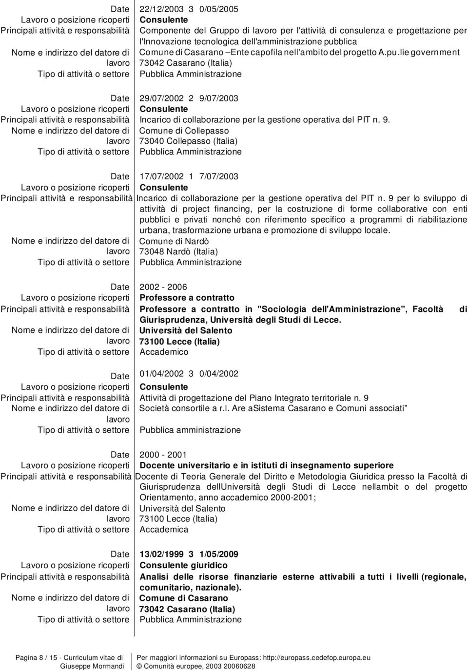 07/2003 Lavr psizine ricperti Cnsulente Incaric di cllabrazine per la gestine perativa del PIT n. 9.