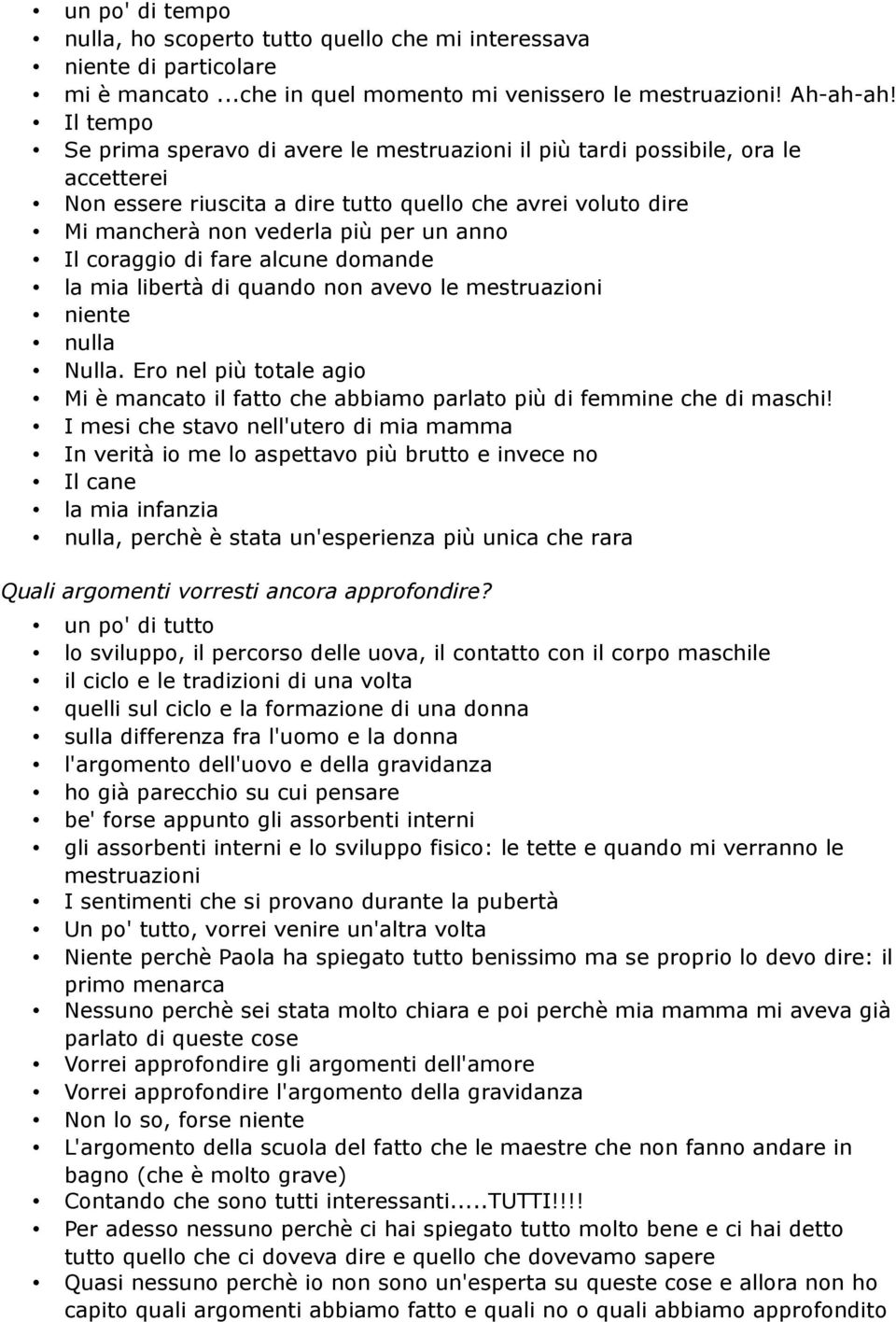 coraggio di fare alcune domande la mia libertà di quando non avevo le mestruazioni niente nulla Nulla. Ero nel più totale agio Mi è mancato il fatto che abbiamo parlato più di femmine che di maschi!