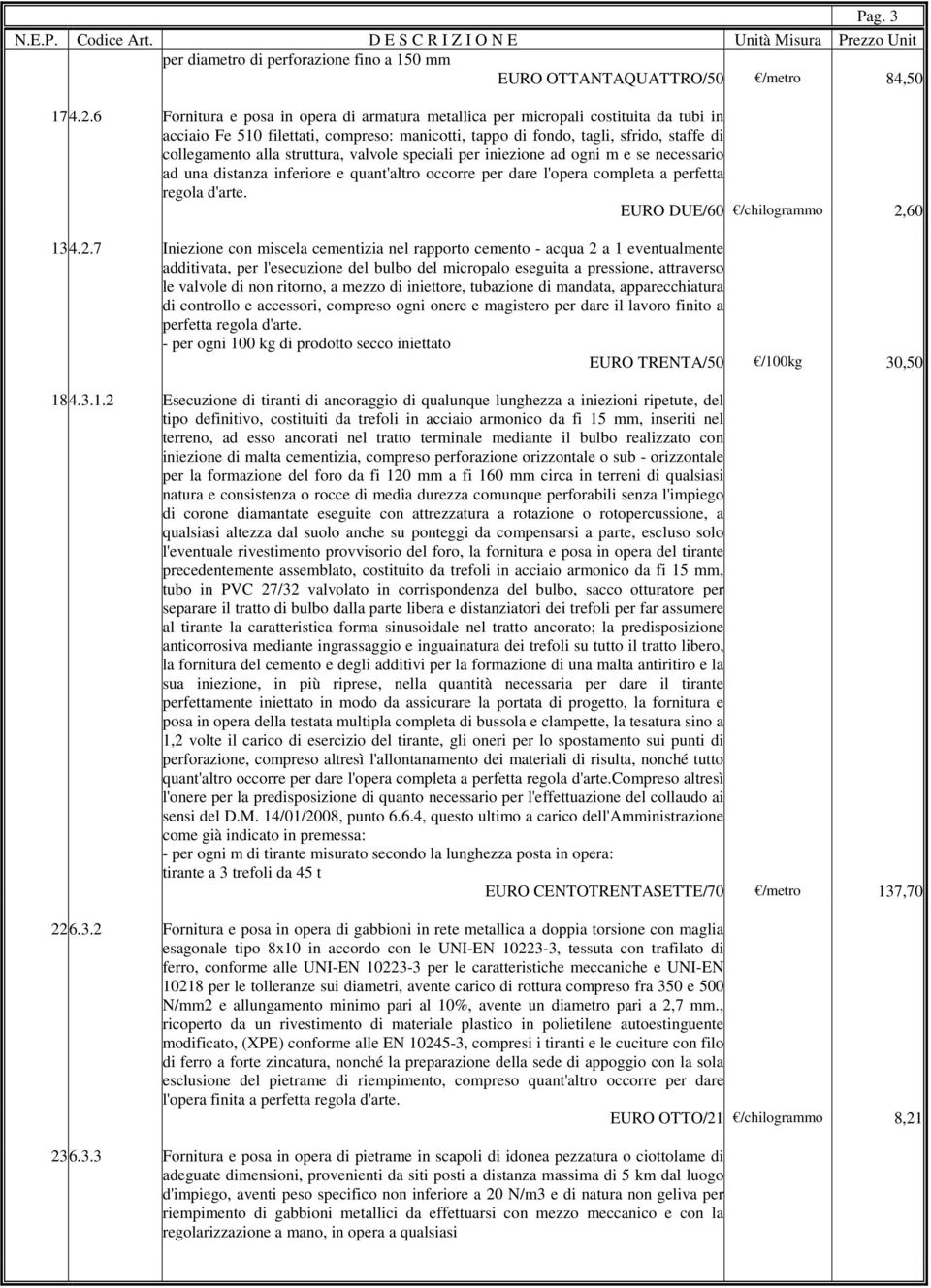 struttura, valvole speciali per iniezione ad ogni m e se necessario ad una distanza inferiore e quant'altro occorre per dare l'opera completa a perfetta regola d'arte.