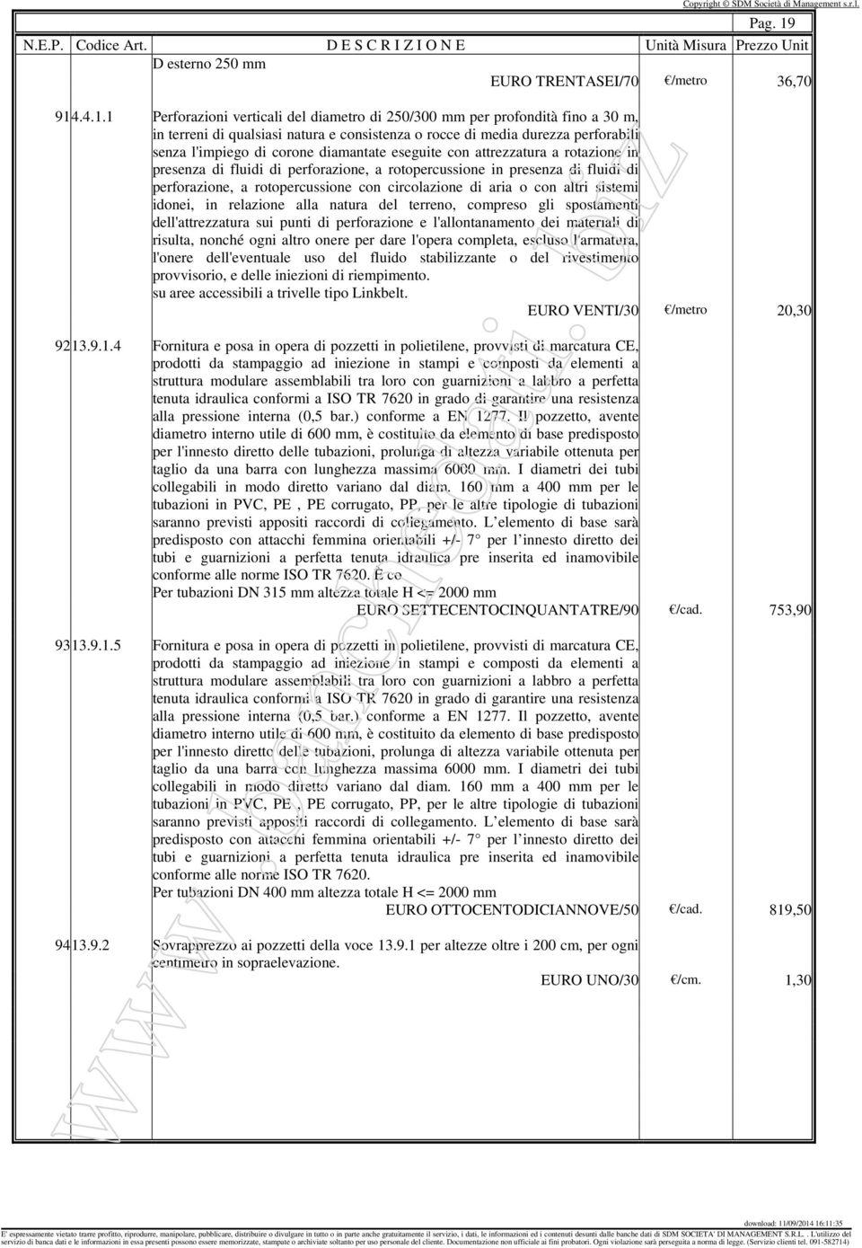 .4.1.1 Perforazioni verticali del diametro di 250/300 mm per profondità fino a 30 m, in terreni di qualsiasi natura e consistenza o rocce di media durezza perforabili senza l'impiego di corone