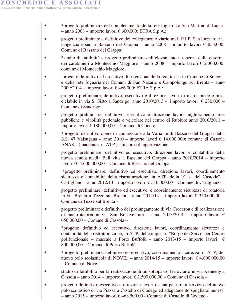 000; Comune di Bassano del Grappa; *studio di fattibilità e progetto preliminare dell elevamento a tenenza della caserma dei carabinieri a Montecchio Maggiore anno 2008 importo lavori 2.300.