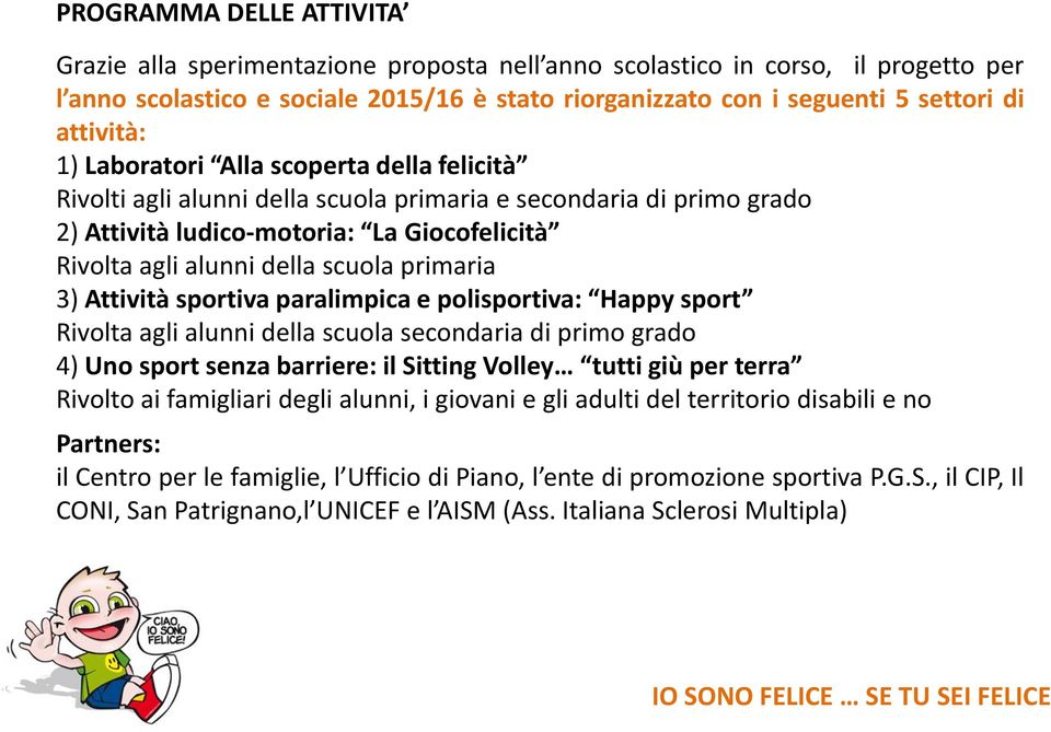 scuola primaria 3) Attività sportiva paralimpica e polisportiva: Happy sport Rivolta agli alunni della scuola secondaria di primo grado 4) Uno sport senza barriere: il Sitting Volley tutti giù per