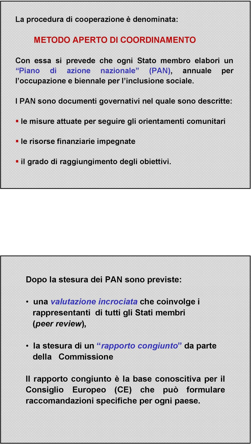 I PAN sono documenti governativi nel quale sono descritte: le misure attuate per seguire gli orientamenti comunitari le risorse finanziarie impegnate il grado di raggiungimento degli