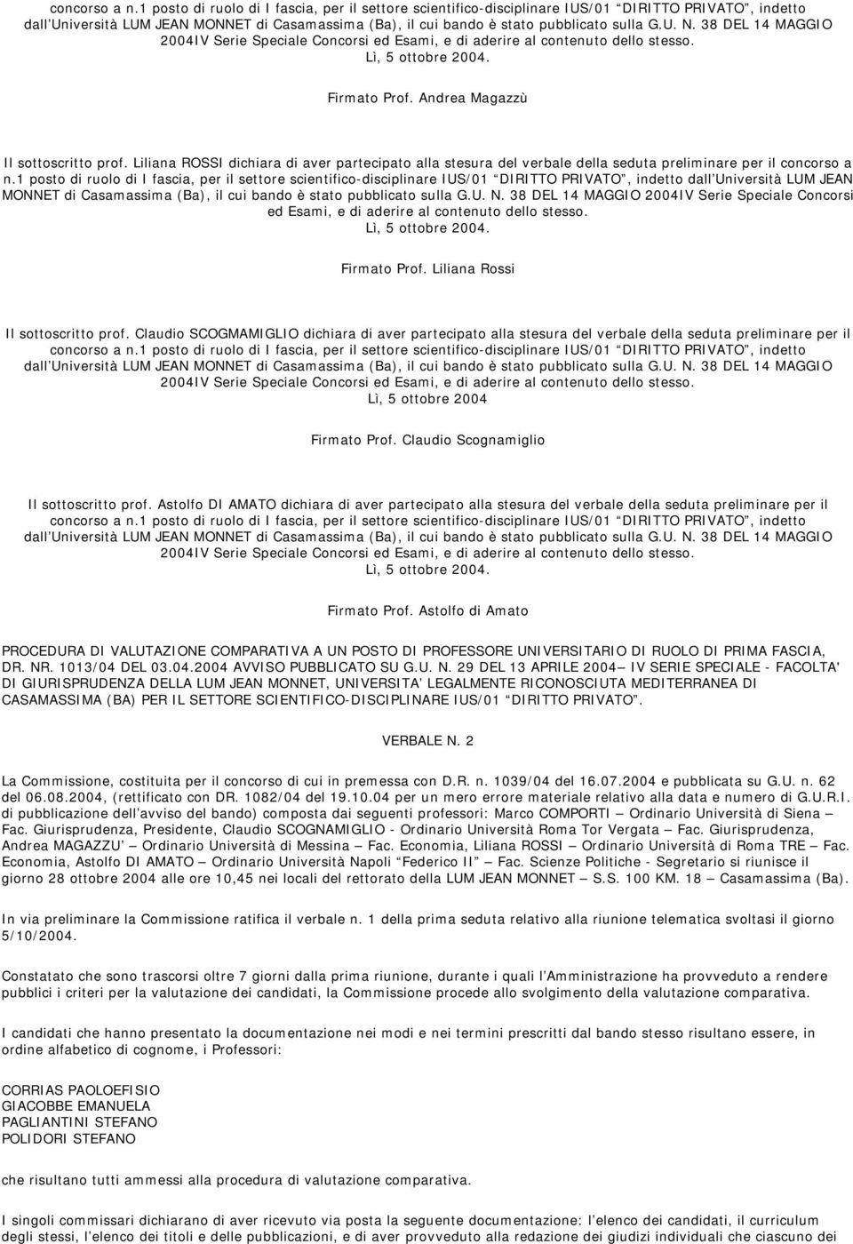 38 DEL 14 MAGGIO 2004IV Serie Speciale Concorsi ed Esami, e di aderire al contenuto dello stesso. Lì, 5 ottobre 2004. Firmato Prof. Andrea Magazzù Il sottoscritto prof.