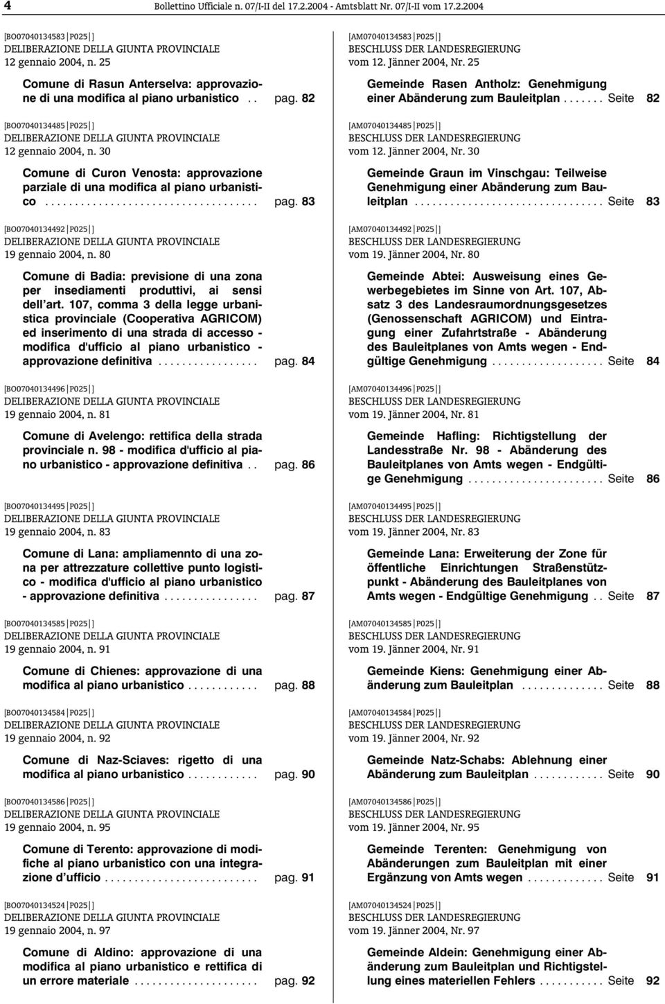 30 Comune di Curon Venosta: approvazione parziale di una modifica al piano urbanistico... pag. 83 [BO07040134492 P025 ] DELIBERAZIONE DELLA GIUNTA PROVINCIALE 19 gennaio 2004, n.