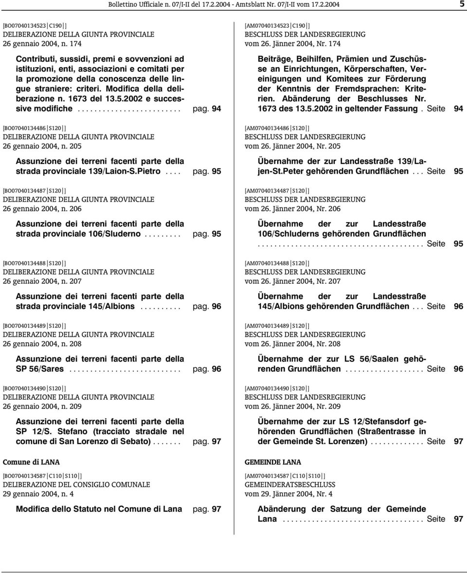 1673 del 13.5.2002 e successive modifiche... pag. 94 [BO07040134486 S120 ] DELIBERAZIONE DELLA GIUNTA PROVINCIALE 26 gennaio 2004, n.