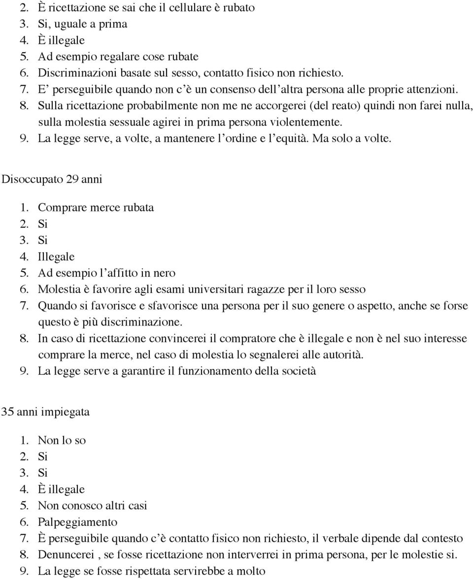 Sulla ricettazione probabilmente non me ne accorgerei (del reato) quindi non farei nulla, sulla molestia sessuale agirei in prima persona violentemente. 9.