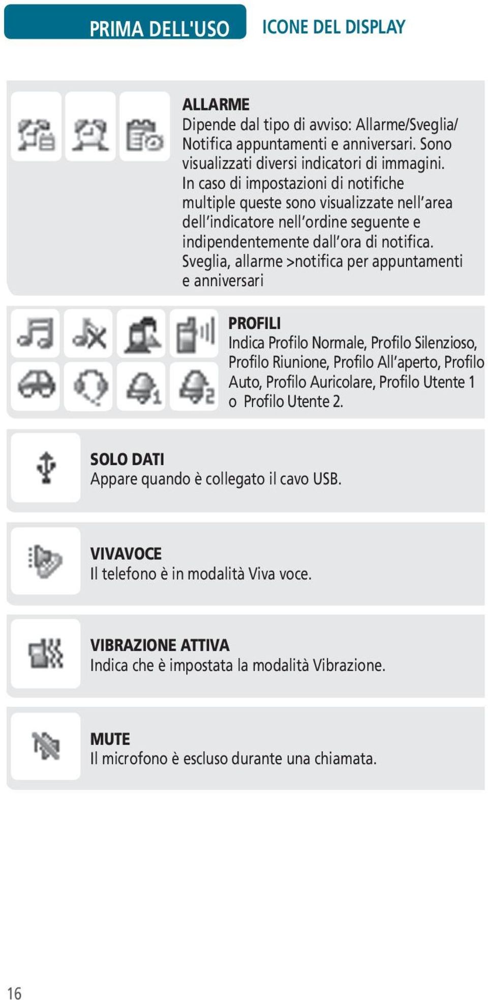 Sveglia, allarme >notifica per appuntamenti e anniversari PROFILI Indica Profilo Normale, Profilo Silenzioso, Profilo Riunione, Profilo All aperto, Profilo Auto, Profilo Auricolare, Profilo