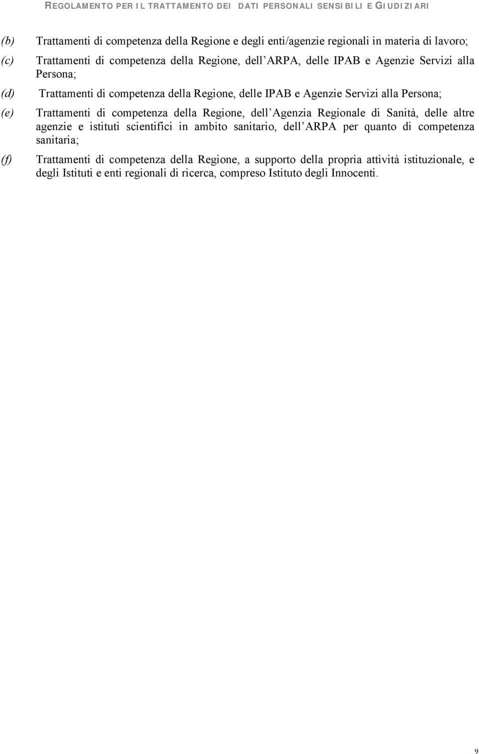 Persona; Trattamenti di competenza della Regione, dell Agenzia Regionale di Sanità, delle altre agenzie e istituti scientifici in ambito sanitario, dell ARPA per quanto di