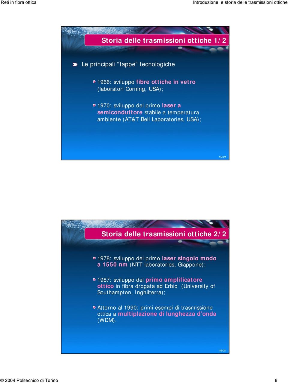 2/2 1978: sviluppo del primo laser singolo modo a 1550 nm (NTT laboratories, Giappone); 1987: sviluppo del primo amplificatore ottico in fibra
