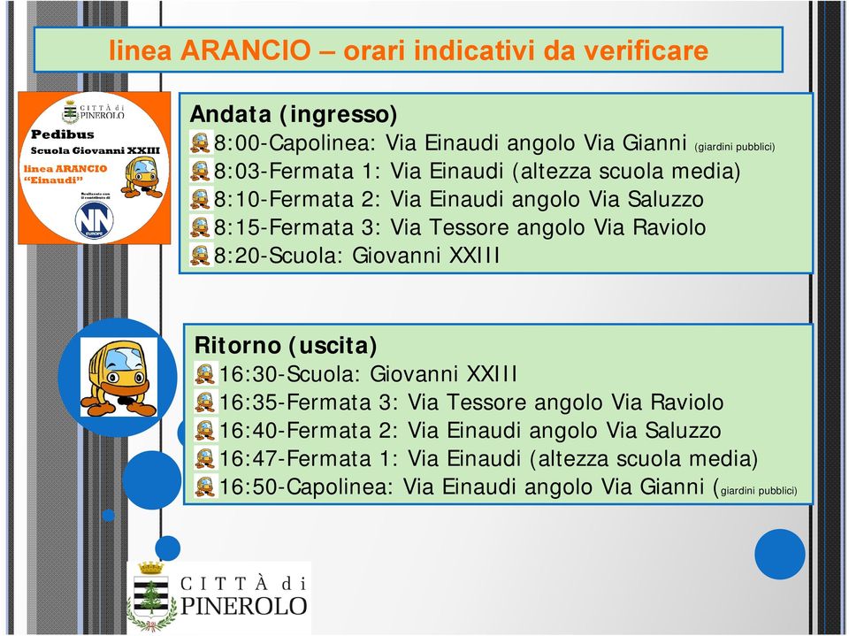 Raviolo 8:20-Scuola: Giovanni XXIII Ritorno (uscita) 16:30-Scuola: Giovanni XXIII 16:35-Fermata 3: Via Tessore angolo Via Raviolo