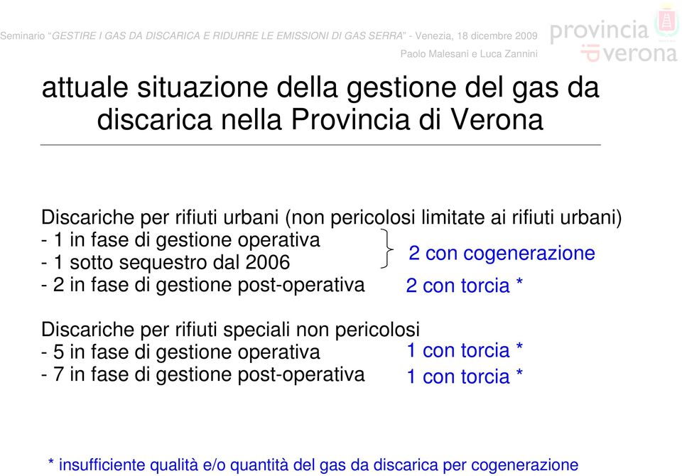 gestione post-operativa 2 con torcia * Discariche per rifiuti speciali non pericolosi - 5 in fase di gestione operativa 1 con