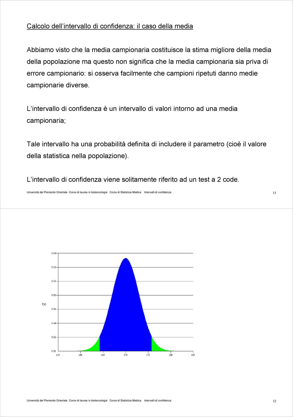 L intervallo di confidenza è un intervallo di valori intorno ad una media campionaria; Tale intervallo ha una probabilità definita di includere il parametro (cioè il valore della statistica nella