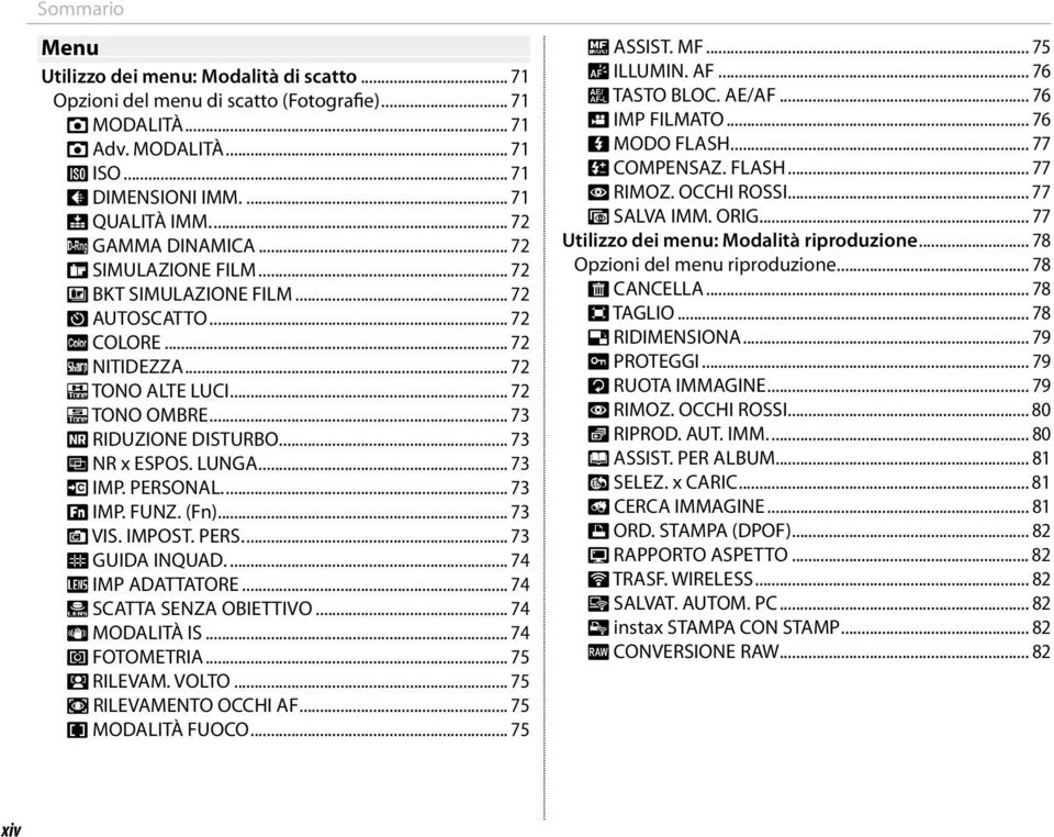 .. 73 K NR x ESPOS. LUNGA... 73 K IMP. PERSONAL.... 73 F IMP. FUNZ. (Fn)... 73 v VIS. IMPOST. PERS.... 73 c GUIDA INQUAD.... 74 l IMP ADATTATORE... 74 m SCATTA SENZA OBIETTIVO... 74 L MODALITÀ IS.