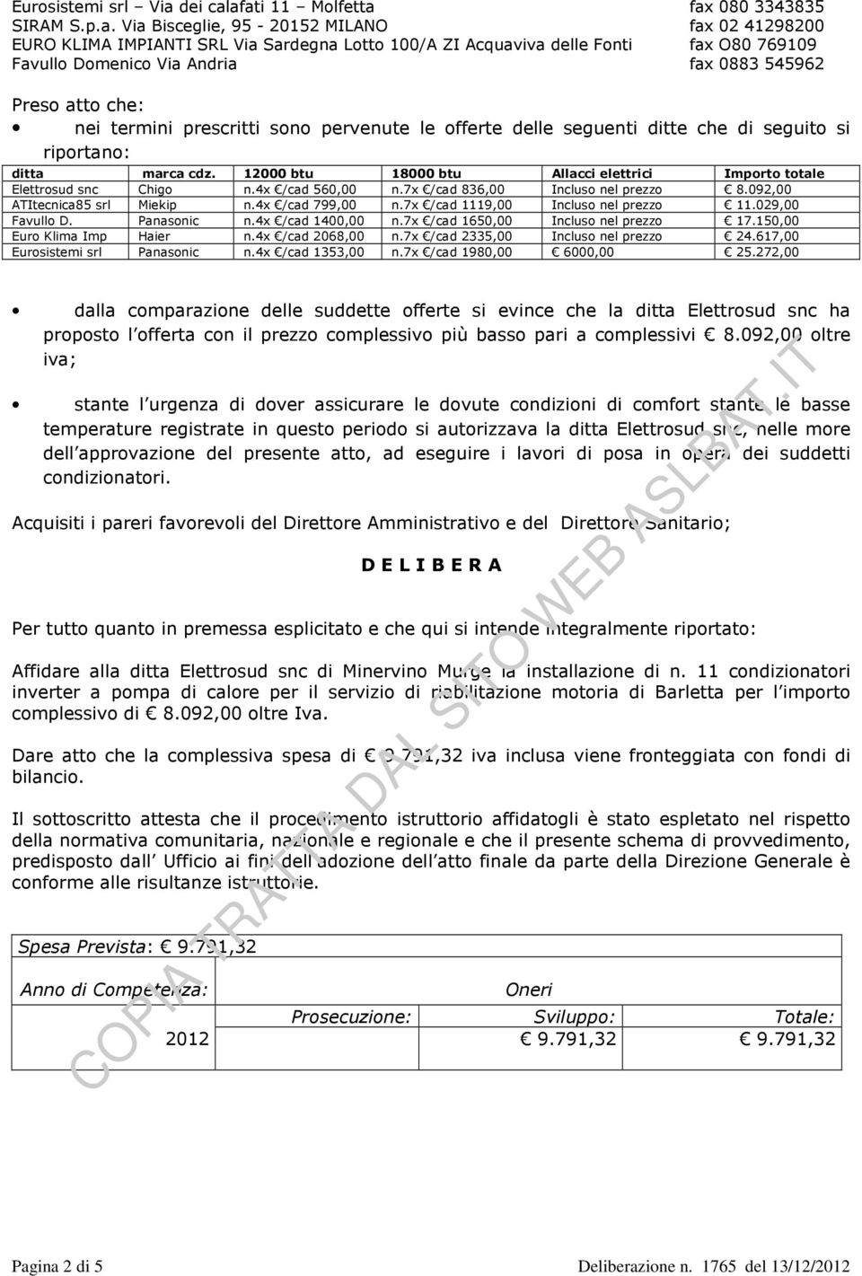 afati 11 Molfetta fax 080 3343835 SIRAM S.p.a. Via Bisceglie, 95-20152 MILANO fax 02 41298200 EURO KLIMA IMPIANTI SRL Via Sardegna Lotto 100/A ZI Acquaviva delle Fonti fax O80 769109 Favullo Domenico