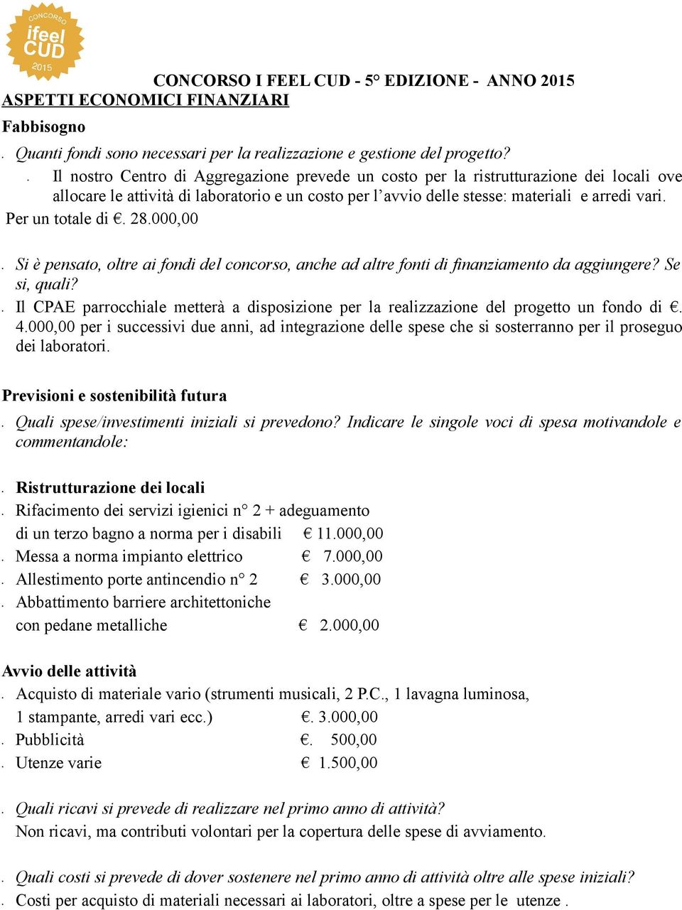 Per un totale di. 28.000,00 Si è pensato, oltre ai fondi del concorso, anche ad altre fonti di finanziamento da aggiungere? Se si, quali?