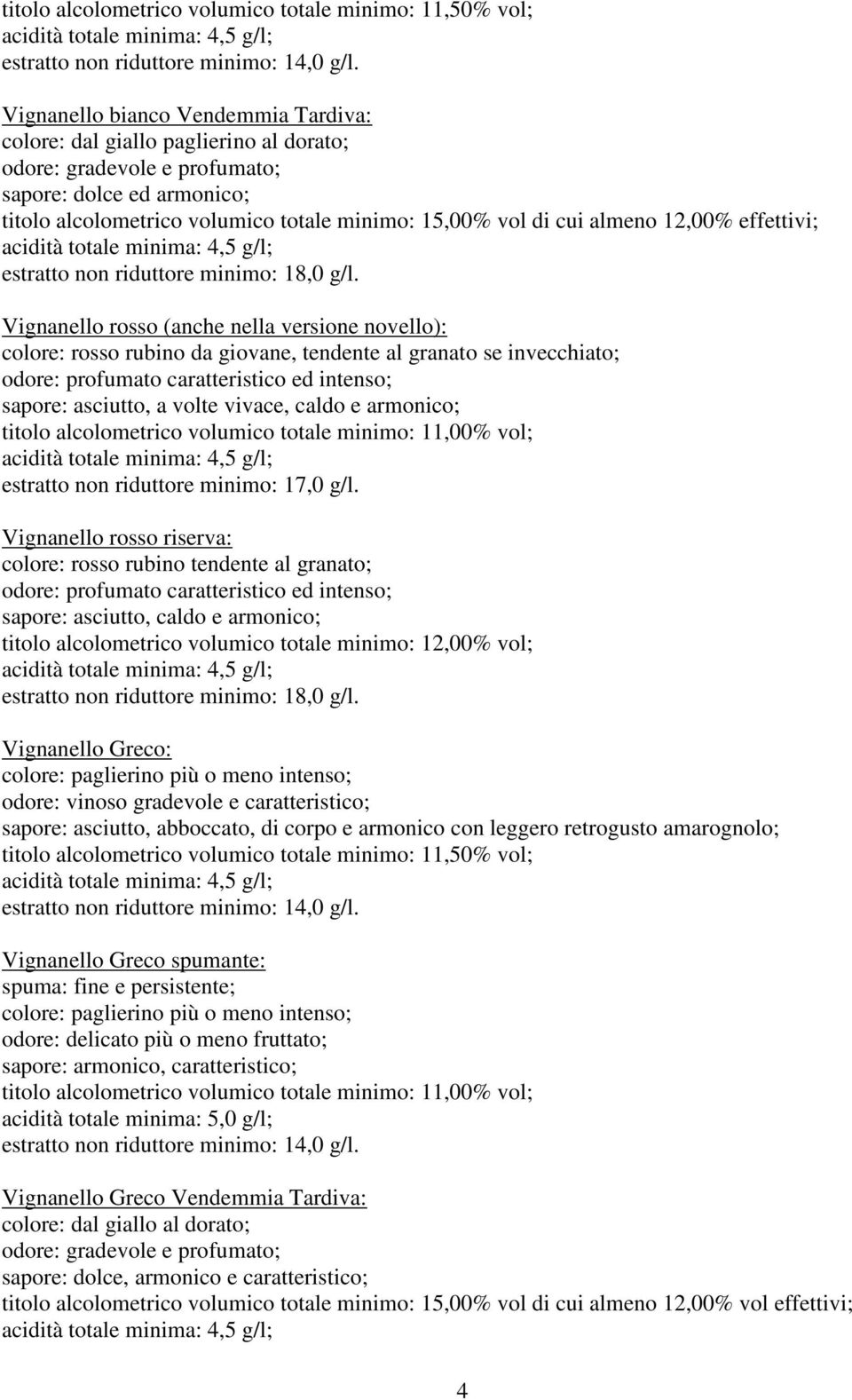 almeno 12,00% effettivi; estratto non riduttore minimo: 18,0 g/l.