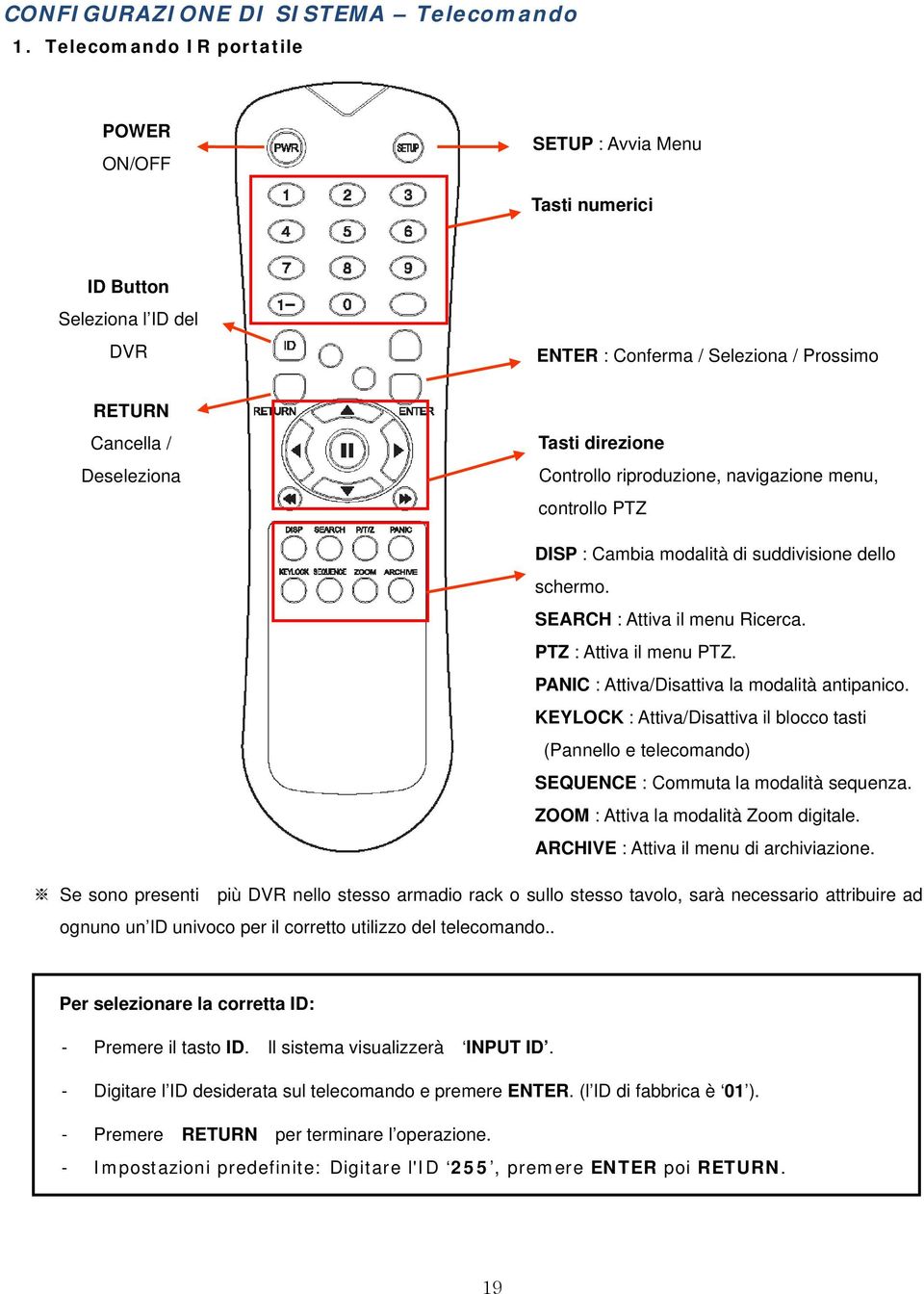 Controllo riproduzione, navigazione menu, controllo PTZ DISP : Cambia modalità di suddivisione dello schermo. SEARCH : Attiva il menu Ricerca. PTZ : Attiva il menu PTZ.