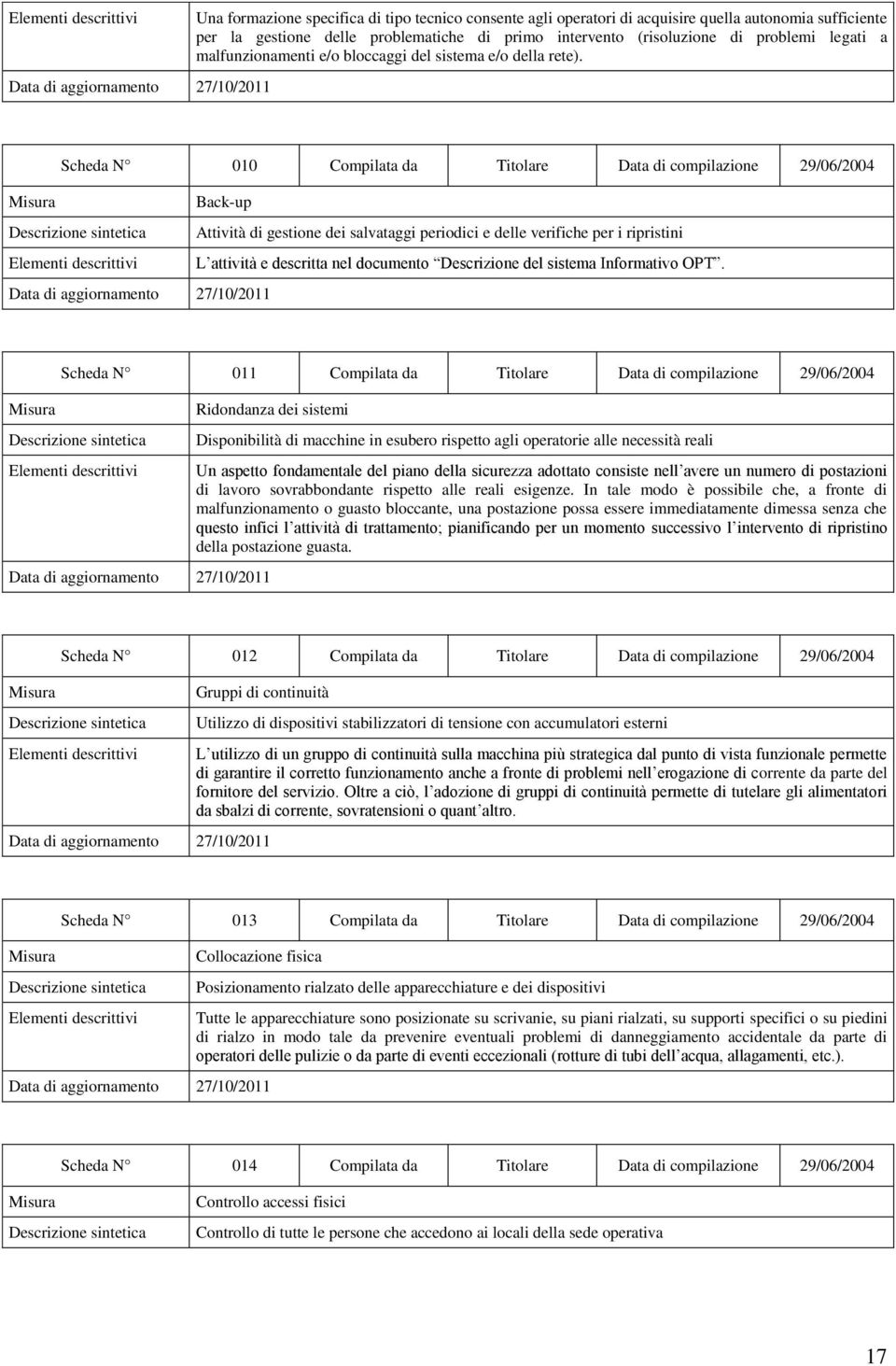 Scheda N 010 Compilata da Titolare Data di compilazione 29/06/2004 Back-up Attività di gestione dei salvataggi periodici e delle verifiche per i ripristini L attività e descritta nel documento