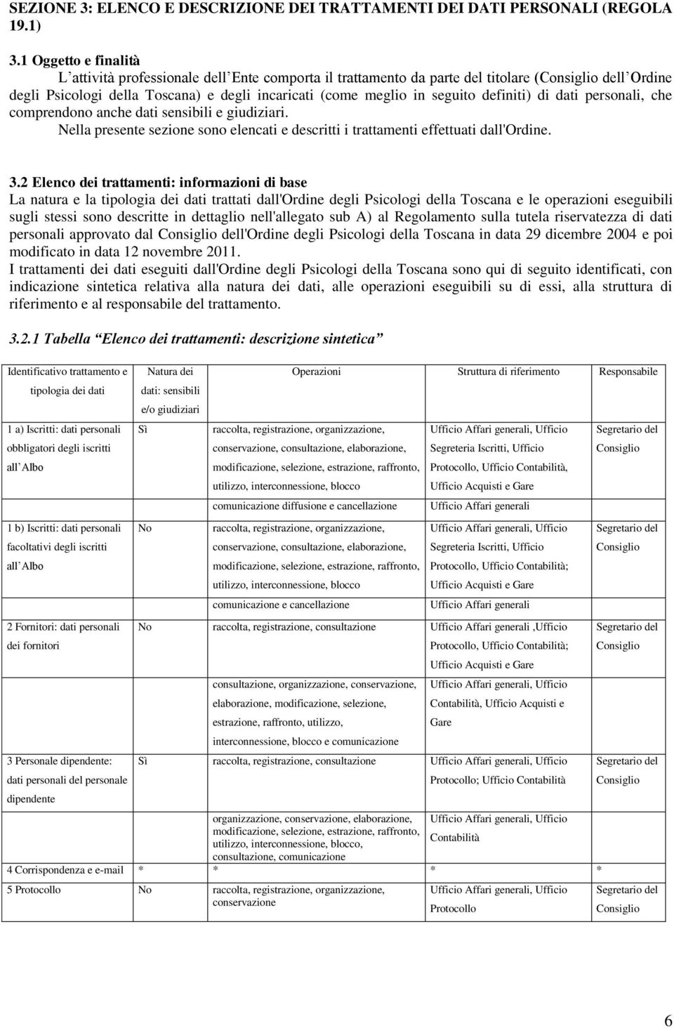 definiti) di dati personali, che comprendono anche dati sensibili e giudiziari. Nella presente sezione sono elencati e descritti i trattamenti effettuati dall'ordine. 3.