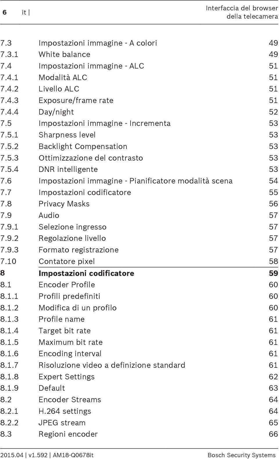 6 Impostazioni immagine - Pianificatore modalità scena 54 7.7 Impostazioni codificatore 55 7.8 Privacy Masks 56 7.9 Audio 57 7.9.1 Selezione ingresso 57 7.9.2 Regolazione livello 57 7.9.3 Formato registrazione 57 7.