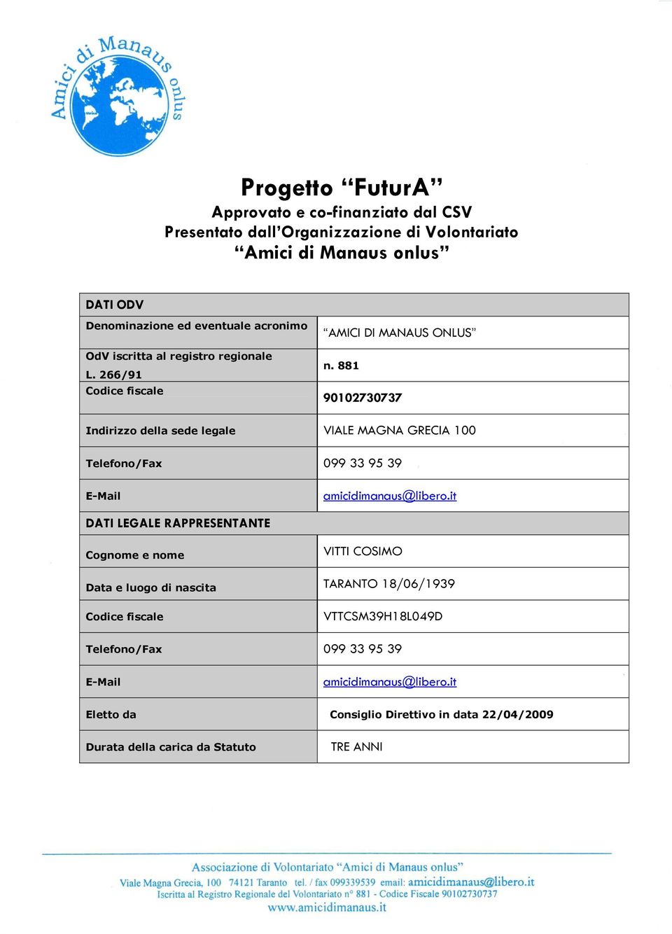 881 90102730737 Indirizzo della sede legale VIALE MAGNA GRECIA 100 Telefono/Fax 099 33 95 39 amicidimanaus@libero.