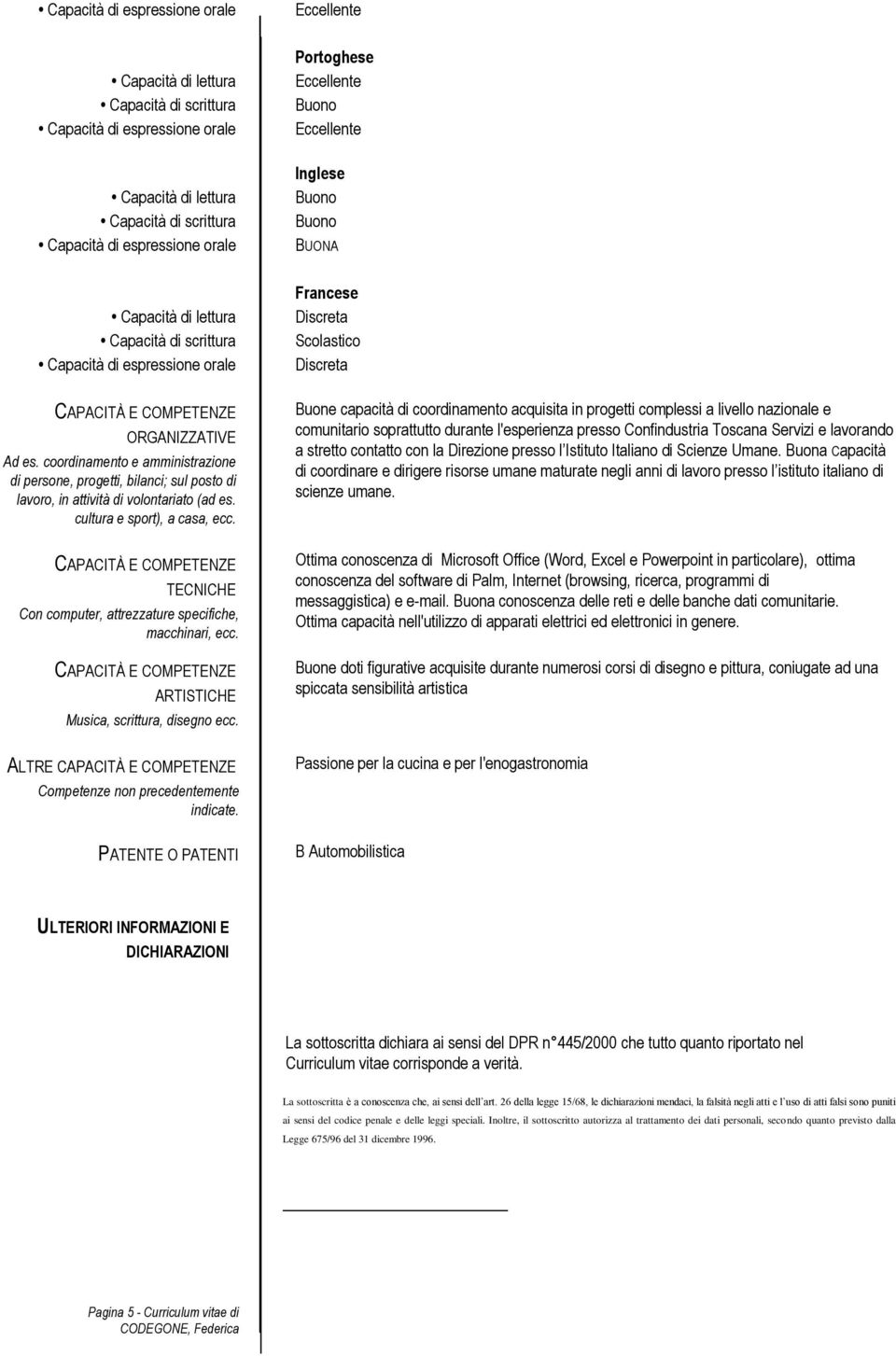 PATENTE O PATENTI Portoghese Inglese BUONA Francese Discreta Scolastico Discreta Buone capacità di coordinamento acquisita in progetti complessi a livello nazionale e comunitario soprattutto durante