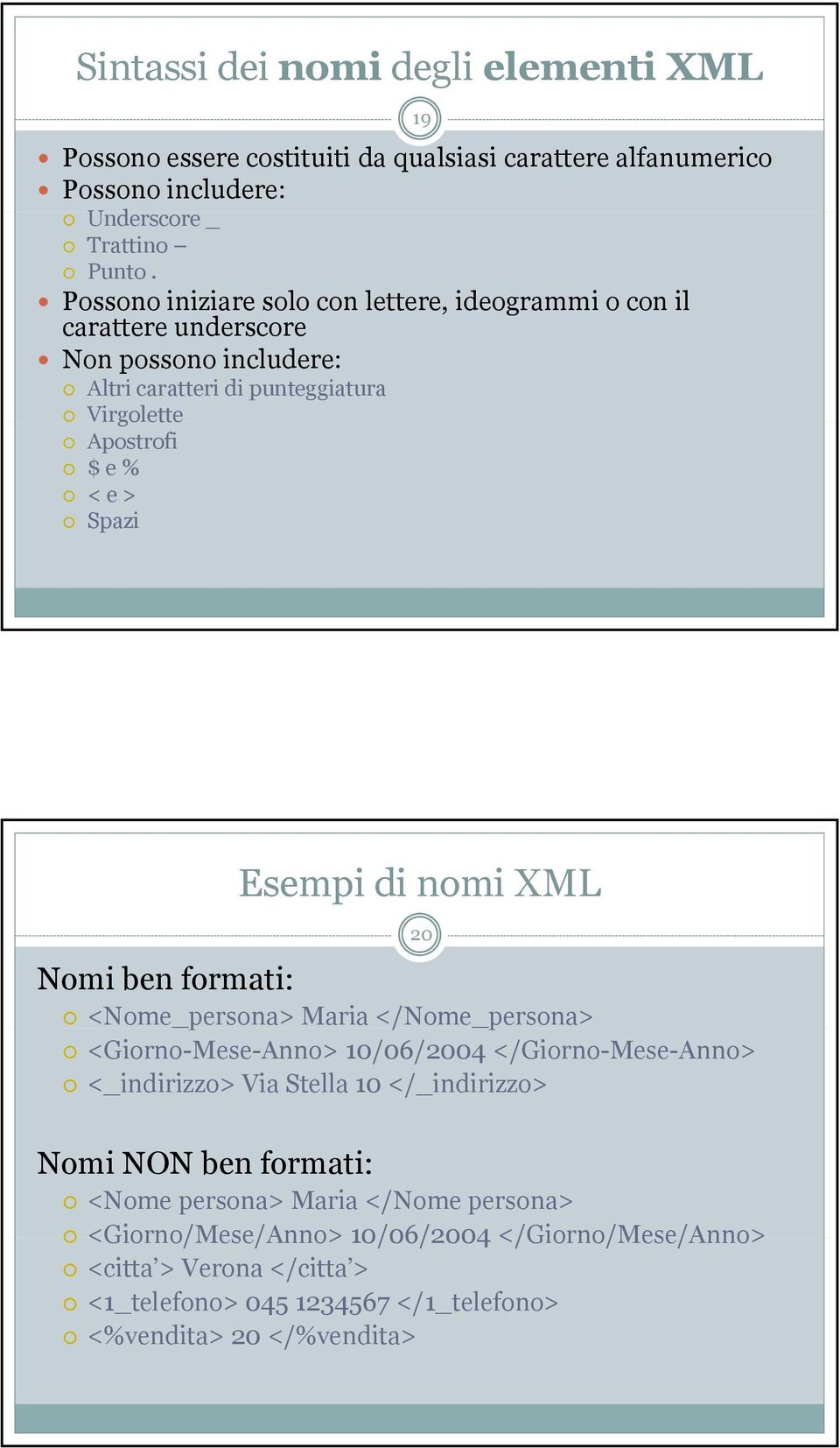 19 Nomi ben formati: Esempi di nomi XML <Nome_persona> Maria </Nome_persona> <Giorno-Mese-Anno> 10/06/2004 </Giorno-Mese-Anno> <_indirizzo> Via Stella 10 </_indirizzo> 20