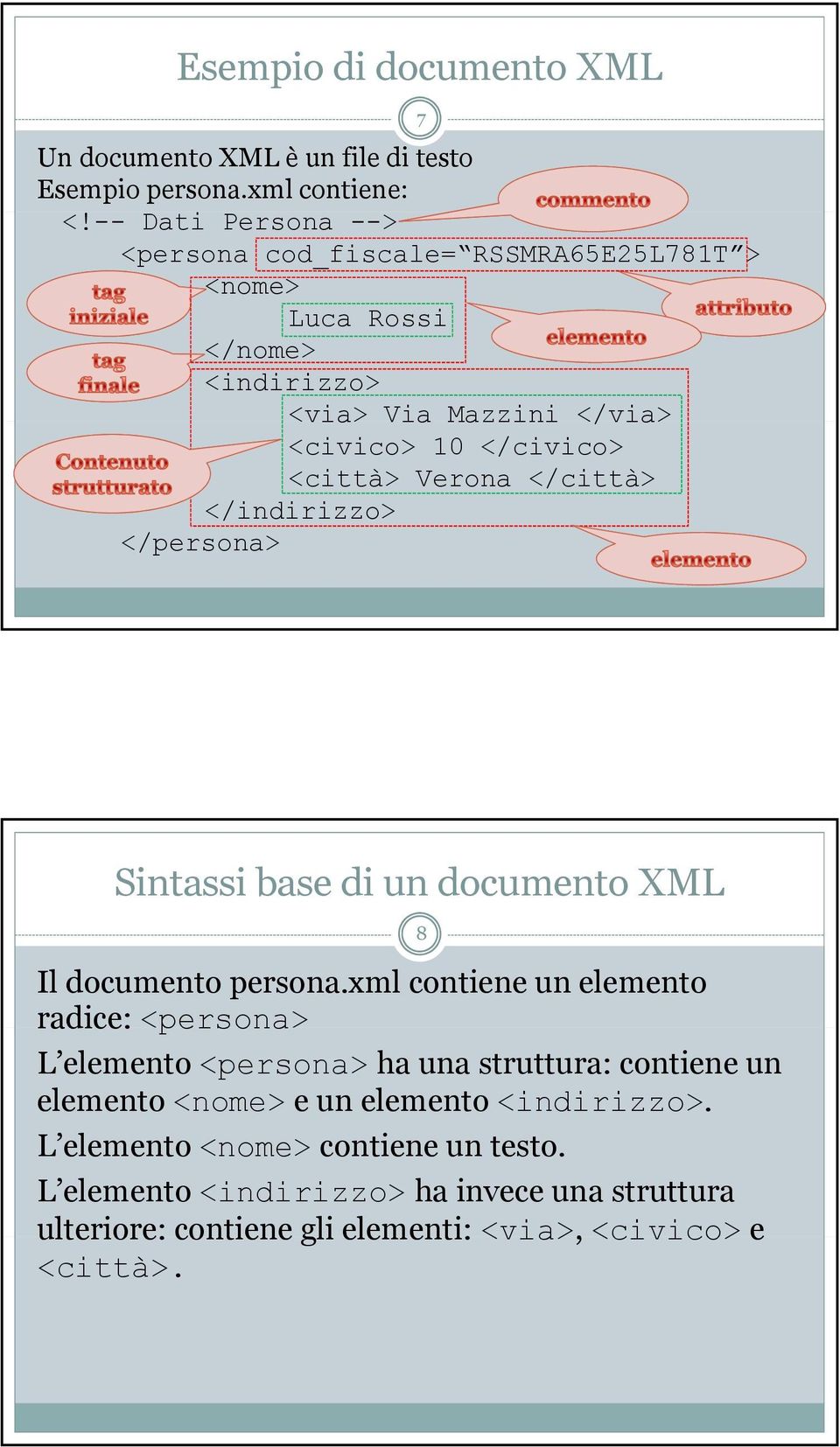 Verona </città> </indirizzo> </persona> 7 Sintassi base di un documento XML Il documento persona.