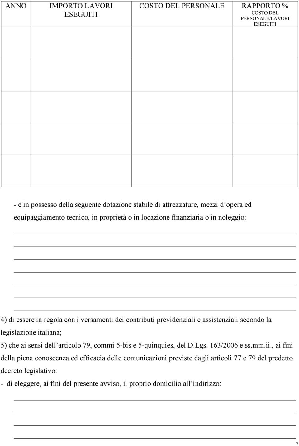 assistenziali secondo la legislazione italiana; 5) che ai sensi dell articolo 79, commi 5-bis e 5-quinquies, del D.Lgs. 163/2006 e ss.mm.ii.