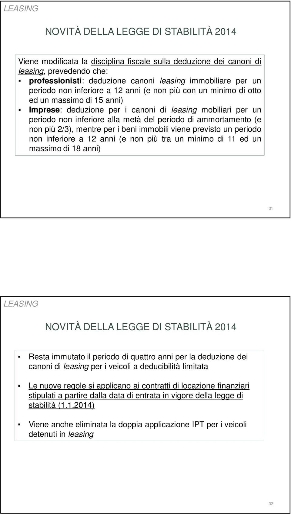 ammortamento (e non più 2/3), mentre per i beni immobili viene previsto un periodo non inferiore a 12 anni (e non più tra un minimo di 11 ed un massimo di 18 anni) 31 LEASING NOVITÀ DELLA LEGGE DI