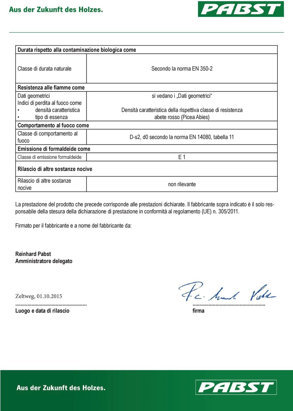 14080, tabella 11 Emissione di formaldeide come Classe di emissione formaldeide E 1 Rilascio di altre sostanze nocive Rilascio di altre sostanze nocive non rilevante La prestazione del prodotto che