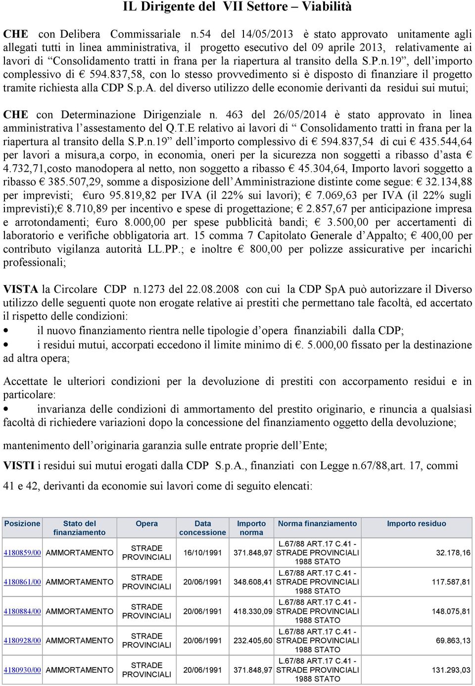 riapertura al transito della S.P.n.19, dell importo complessivo di 594.837,58, con lo stesso provvedimento si è disposto di finanziare il progetto tramite richiesta alla CDP S.p.A.