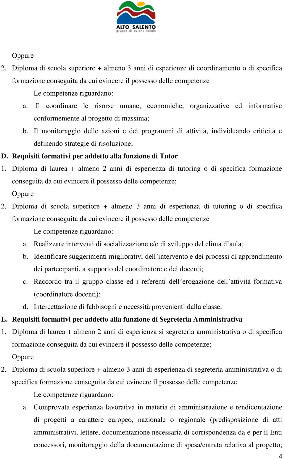 Il monitoraggio delle azioni e dei programmi di attività, individuando criticità e definendo strategie di risoluzione; D. Requisiti formativi per addetto alla funzione di Tutor 1.