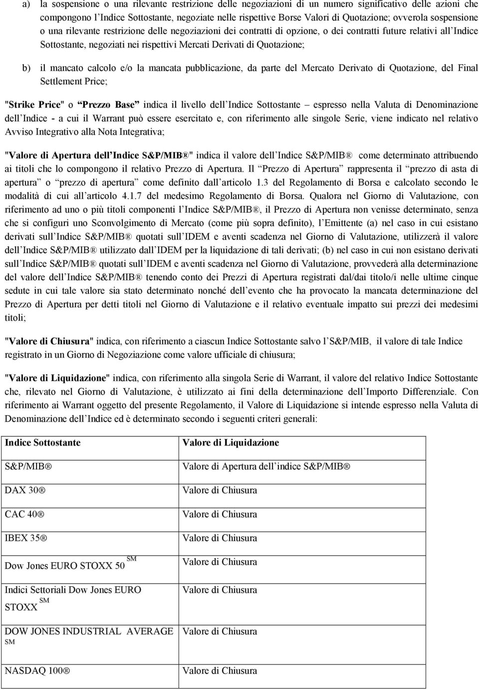 Quotazione; b) il mancato calcolo e/o la mancata pubblicazione, da parte del Mercato Derivato di Quotazione, del Final Settlement Price; "Strike Price" o Prezzo Base indica il livello dell Indice