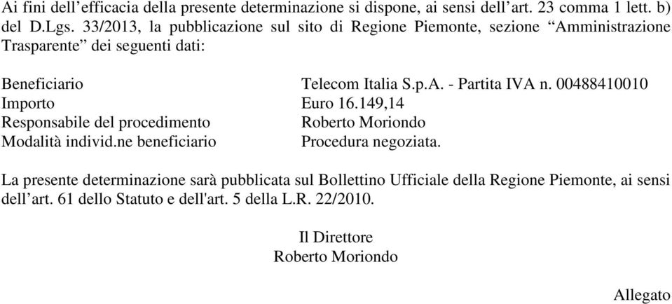 00488410010 Importo Euro 16.149,14 Responsabile del procedimento Roberto Moriondo Modalità individ.ne beneficiario Procedura negoziata.