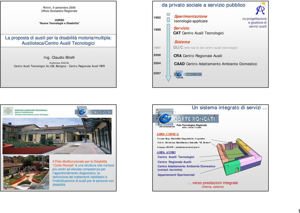 USL Bologna - Centro Regionale Ausili RER 1982 1989 da privato sociale a servizio pubblico Sperimentazione tecnologie applicate Servizio CAT Centro Ausili Tecnologici 2000 CRA Centro Regionale Ausili