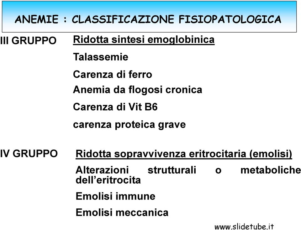 Vit B6 carenza proteica grave IV GRUPPO Ridotta sopravvivenza eritrocitaria