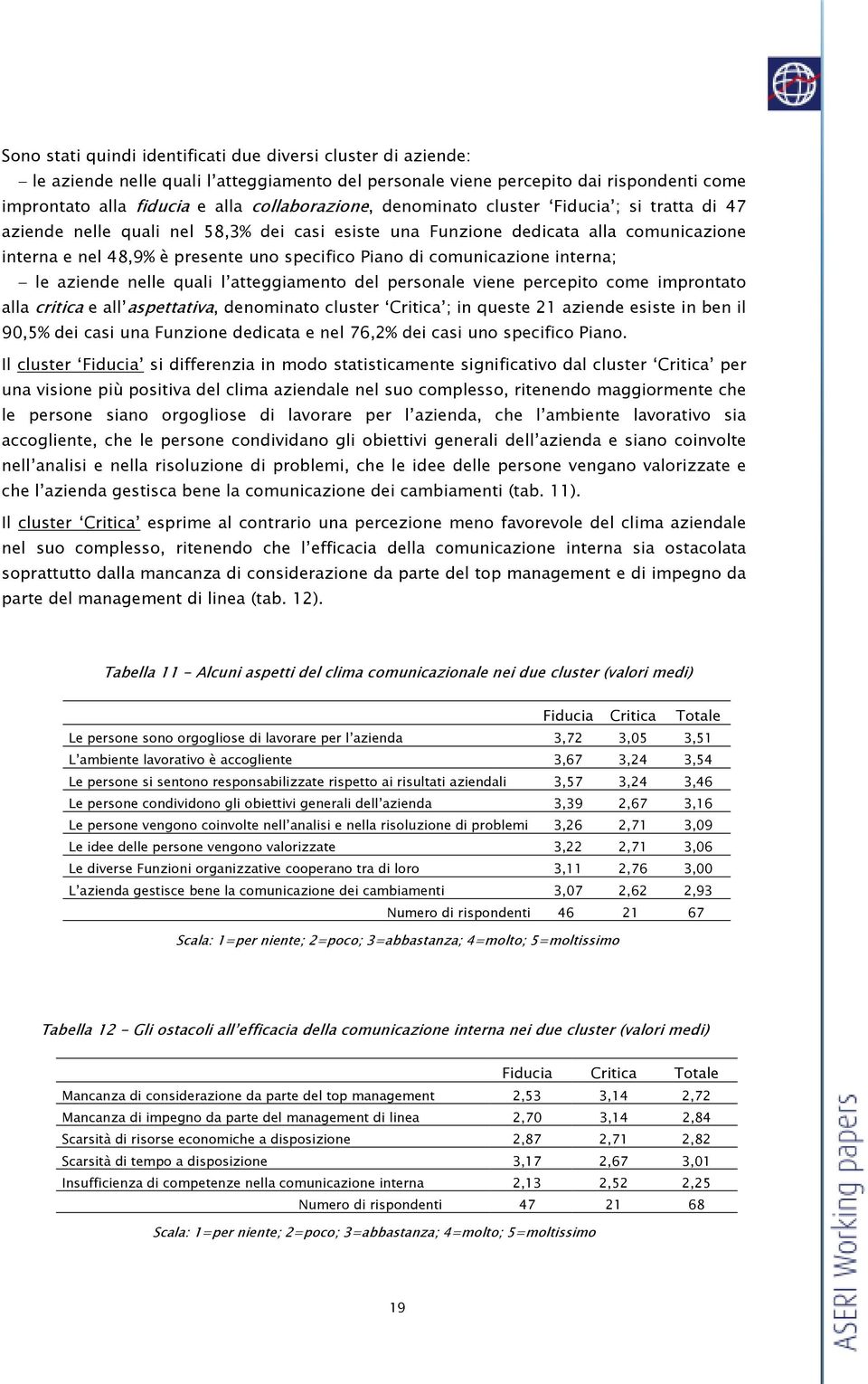 interna; le aziende nelle quali l atteggiamento del personale viene percepito come improntato alla critica e all aspettativa, denominato cluster Critica ; in queste 21 aziende esiste in ben il 90,5%