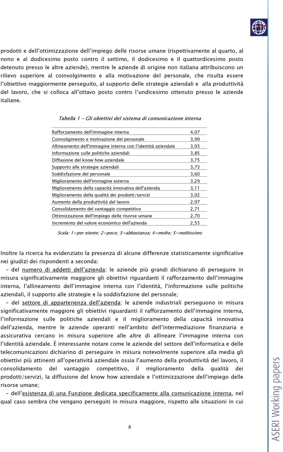 perseguito, al supporto delle strategie aziendali e alla produttività del lavoro, che si colloca all ottavo posto contro l undicesimo ottenuto presso le aziende italiane.