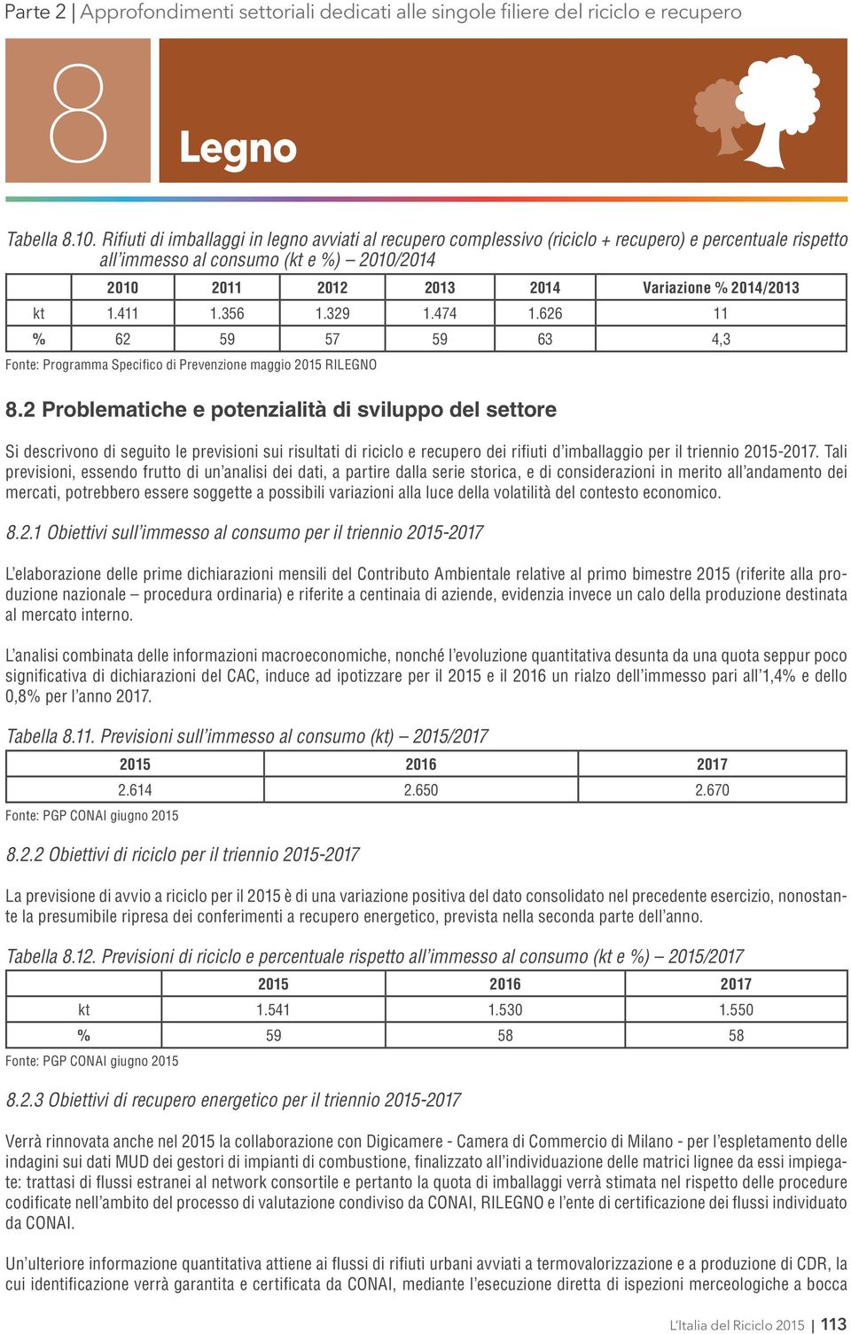 2 Problematiche e potenzialità di sviluppo del settore Si descrivono di seguito le previsioni sui risultati di riciclo e recupero dei rifiuti d imballaggio per il triennio 2015-2017.