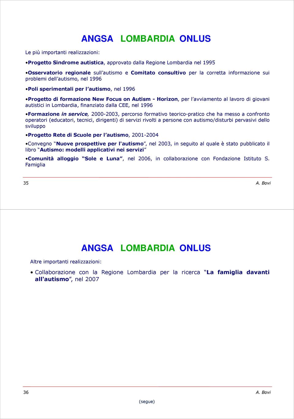 finanziato dalla CEE, nel 1996 Formazione in service, 2000-2003, percorso formativo teorico-pratico che ha messo a confronto operatori(educatori, tecnici, dirigenti) di servizi rivolti a persone con