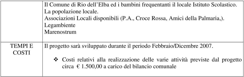 Legambiente Marenostrum TEMPI E COSTI Il progetto sarà sviluppato durante il periodo Febbraio/Dicembre