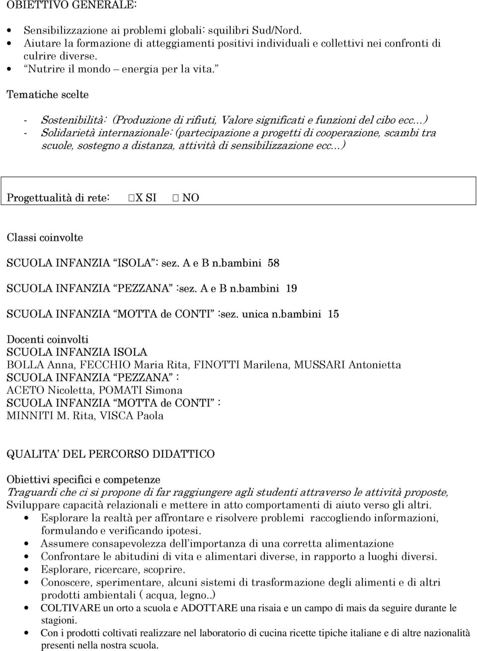 Tematiche scelte - Sostenibilità: (Produzione di rifiuti, Valore significati e funzioni del cibo ecc ) - Solidarietà internazionale: (partecipazione a progetti di cooperazione, scambi tra scuole,