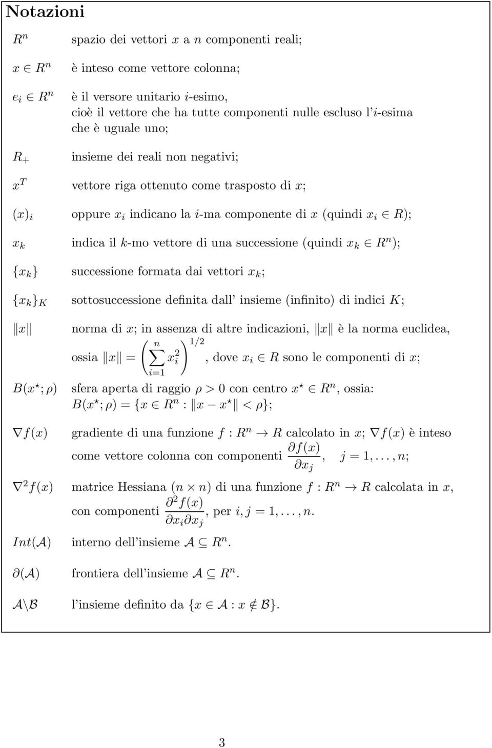 una successione (quindi x R n ); {x } successione formata dai vettori x ; {x } K sottosuccessione definita dall insieme (infinito) di indici K; x norma di x; in assenza di altre indicazioni, x è la