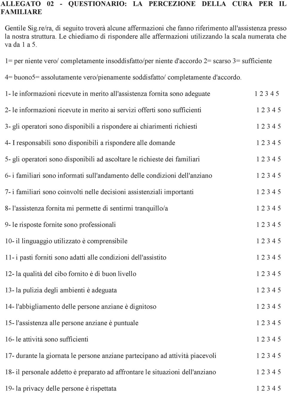 1= per niente vero/ completamente insoddisfatto/per niente d'accordo 2= scarso 3= sufficiente 4= buono5= assolutamente vero/pienamente soddisfatto/ completamente d'accordo.