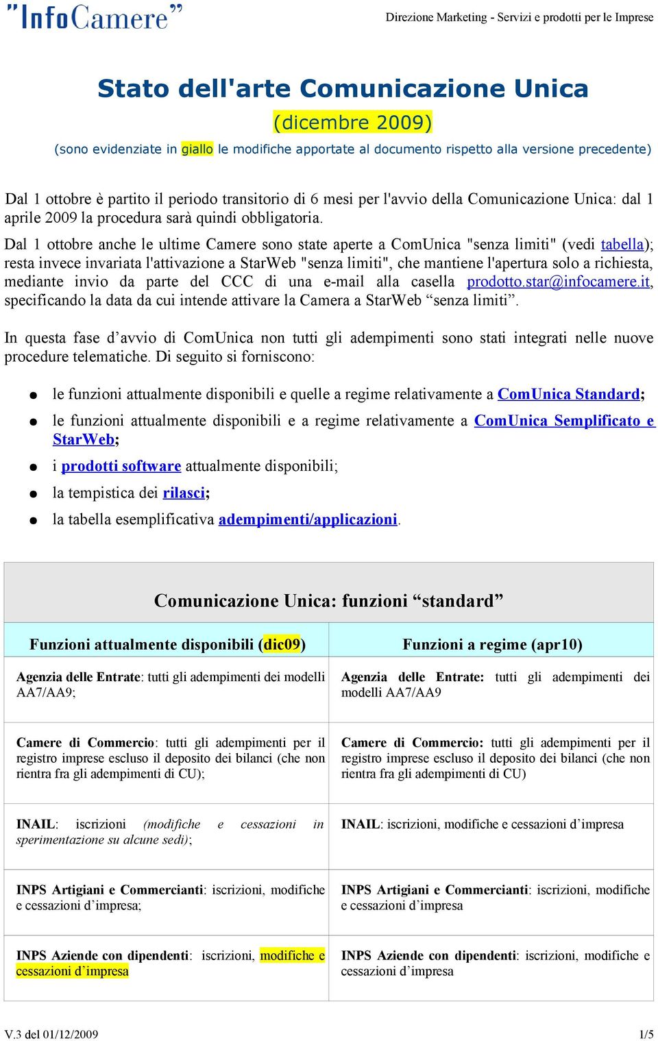 Dal 1 ottobre anche le ultime Camere sono state aperte a ComUnica "senza limiti" (vedi tabella); resta invece invariata l'attivazione a StarWeb "senza limiti", che mantiene l'apertura solo a